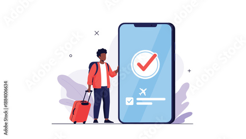 Traveler standing with a red suitcase next to a large smartphone displaying a confirmed flight check-in and ticket.