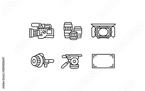 Collection of line art icons representing film and video production equipment