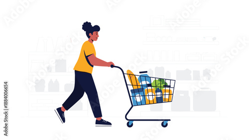 Young woman pushing a shopping cart filled with groceries while walking through a supermarket with products on shelves.