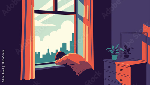 Lonely person leaning over a window sill and looking out at the city skyline during a melancholic sunset or sunrise.