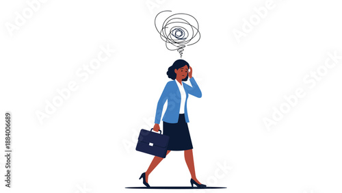 Stressed businesswoman carrying a briefcase while walking and experiencing a confusing tangle of thoughts above her head.