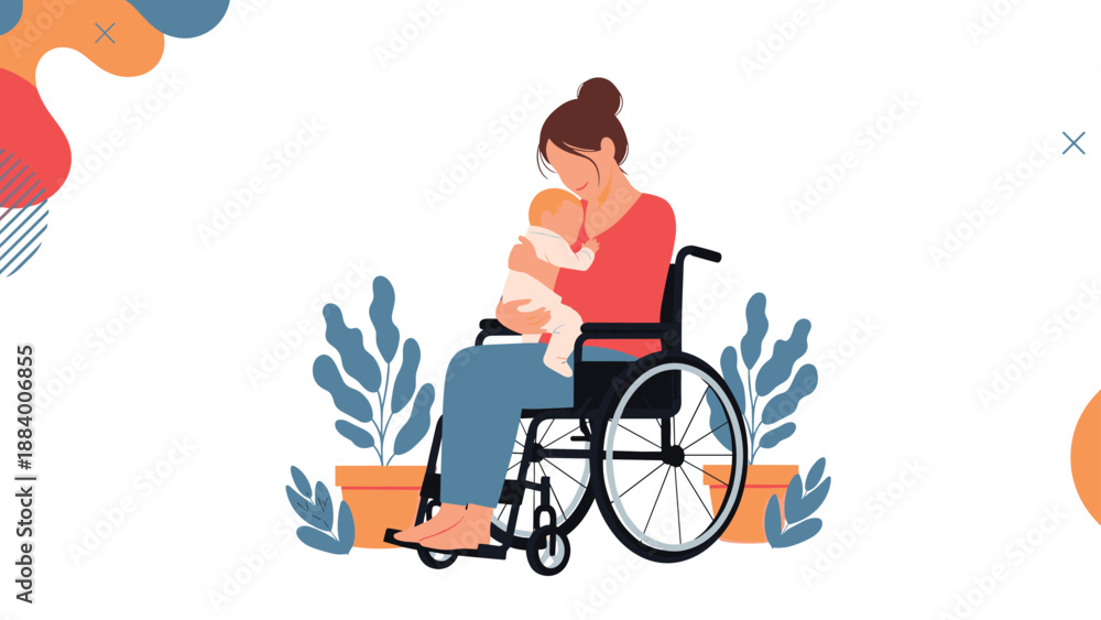 Fototapeta premium Loving mother sitting in a wheelchair and gently holding her sleeping baby in a bright room with potted plants.