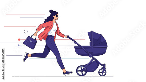 Busy mother running fast while pushing a baby stroller and carrying a handbag representing a frantic daily routine.