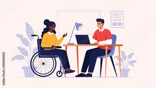 Young woman in a wheelchair having a professional meeting or interview with a businessman sitting at a desk with a laptop.