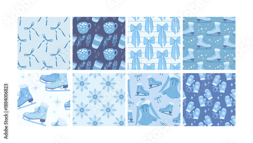 Figure skating seamless patterns. Set of repeating tiles in pastel blue color, pattern with skates