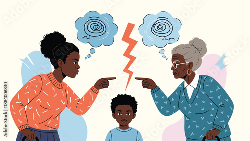 Illustration of a conflict or argument between a mother and grandmother over a young boy standing between them.