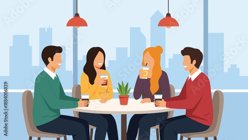 Four friends sitting around a circular table having drinks and talking in a modern cafe with a scenic city skyline view.