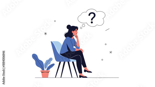Thoughtful young woman sitting on a chair with a hand on her chin and a large question mark inside a thought bubble above her.