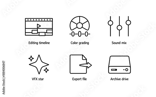 Collection of icons representing video editing, color grading, sound mixing, and file management