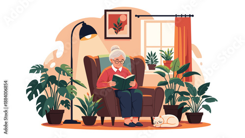 Cozy scene of an elderly woman reading a book in a large armchair surrounded by many houseplants and a sleeping cat.