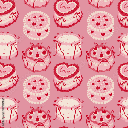 Seamless pattern with whimsical retro pink cakes. Feminine vintage ornament for romantic event or birthday. Repeat tile for backgrounds, wallpapers and nostalgic prints
