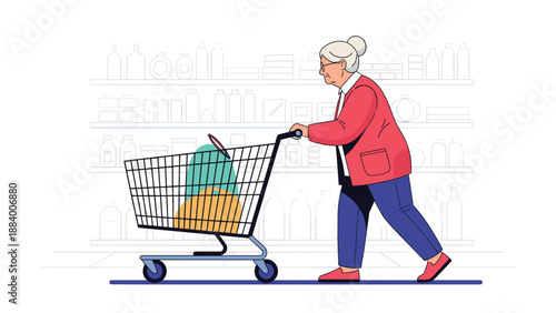 Elderly woman in a red jacket pushing a shopping cart full of groceries in a supermarket with shelves in the background.