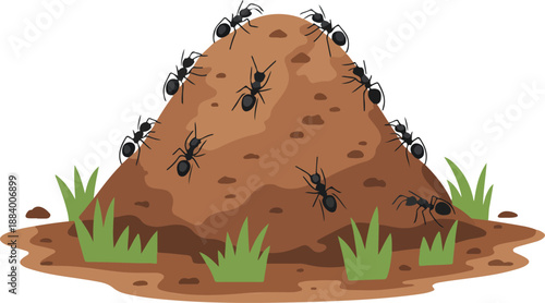 Ant Hill Outline Illustration Set  Crawling Ants, Soil, and Grass Habitat
