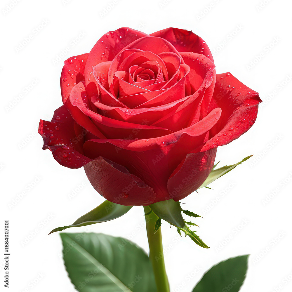 Fototapeta premium A beautiful red rose in full bloom, adorned with glistening water droplets against a clean white backdrop