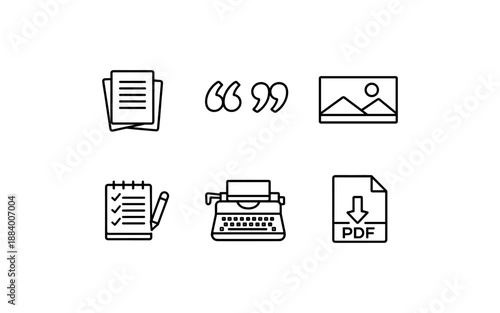 Collection of six simple line art icons representing writing and document creation