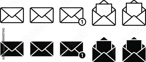 Email envelope icon set showing opened closed unread and notification message symbols minimalist vector illustration for communication interface design usage