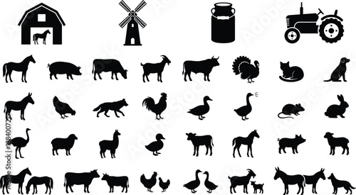 Farm animal silhouette icon set featuring barn windmill tractor livestock poultry rural agriculture black vector illustration collection for web design