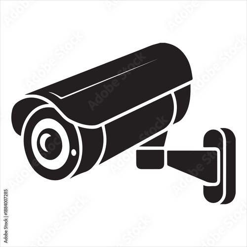 Black and white graphic illustration of a surveillance security camera with a lens and mounting bracket