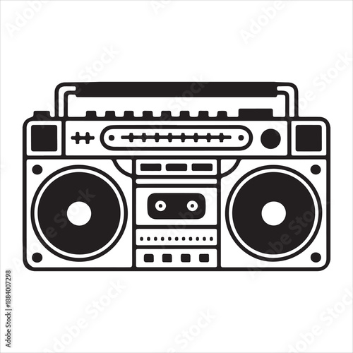 Black and white graphic illustration of a vintage boombox with cassette tape and speakers