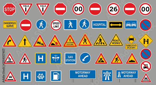 Extensive vector collection of diverse road signs, encompassing essential warning, regulatory, and informational graphics crucial for traffic safety and clear urban navigation