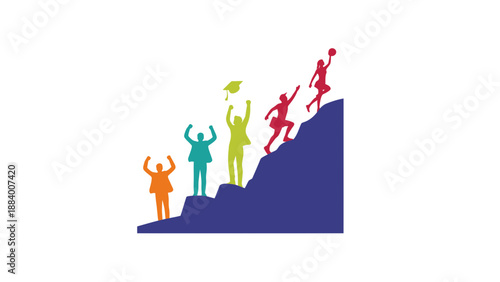 A group of people celebrating success on top of a mountain