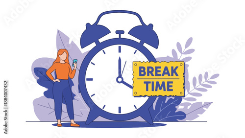 A woman stands next to a large blue alarm clock during break time