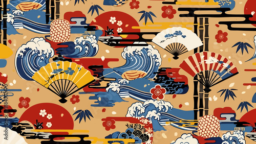 Traditional Japanese seamless pattern with dynamic ocean waves, elegant fans, cherry blossoms, and bamboo. A classic cultural background design