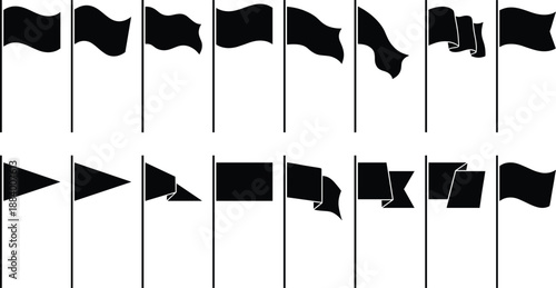 Flag icon set vector silhouettes waving rectangular triangular banners symbols isolated on white background navigation marking signage design collection pack