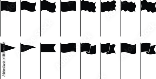 Flag icon set vector silhouettes waving banners rectangular triangular shapes symbols isolated on white background navigation signage design collection pack