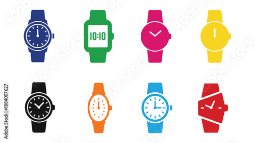 A collection of colorful watches on a white background