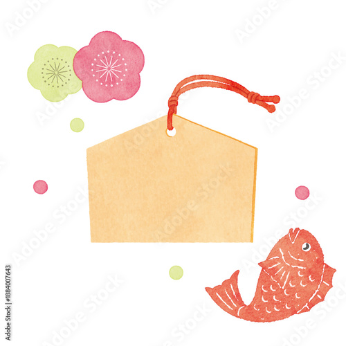 梅の花と鯛をあしらった絵馬イラスト｜お正月・縁起物の和風デザイン