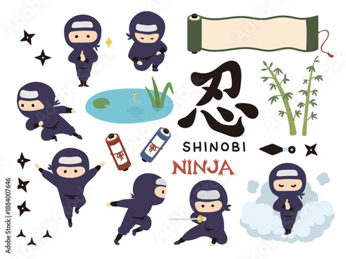 Cute ninja character action pose illustration set