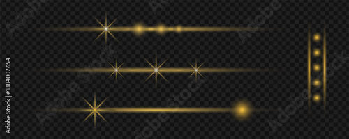 Horizontal Golden Light Lens Flare Set with Glowing Laser Beams, Sparkle Rays and Star Points Isolated on Dark Transparent Background, Abstract Cinematic Light Overlay Collection