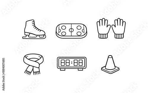 Collection of winter sports and ice hockey equipment icons on a white background