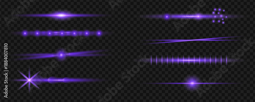 Purple Laser Light Lens Flare Set with Sparkle Beams, Glow Streaks and Energy Rays Isolated on Dark Transparent Background, Abstract Futuristic Light Effect Pack
