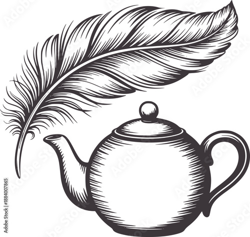 A black and feather resting a teapot detailed handle