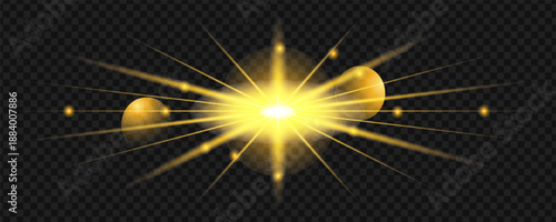 Golden Star Burst Light Effect with Radiant Glow, Energy Explosion and Sparkle Particles Isolated on Dark Transparent Background, Cinematic Fantasy Light Overlay Illustration