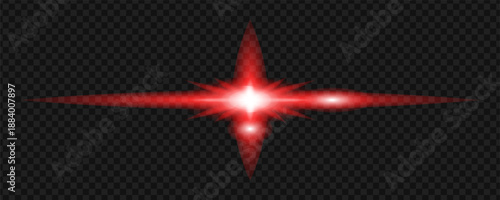 Red Cross Star Lens Flare with Horizontal Light Beam and Glowing Core Isolated on Dark Transparent Background, Abstract Cinematic Sci Fi Light Effect