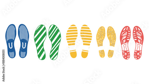 A colorful illustration of various shoe sole designs on a white background