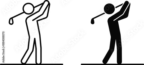 Golf player swing icon illustration showing outline and solid human figure pictogram for sports activity signage infographic vector design