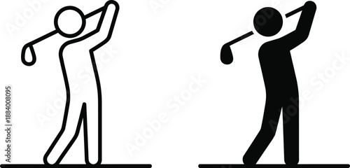 Golf player swing icon illustration showing outline and solid human pictogram action for sports activity signage infographic vector design