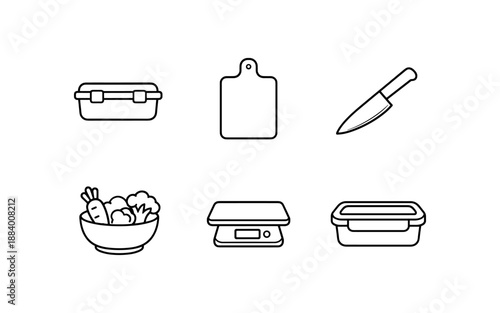 Collection of kitchen icons: food containers, cutting board, knife, bowl of vegetables, and scale
