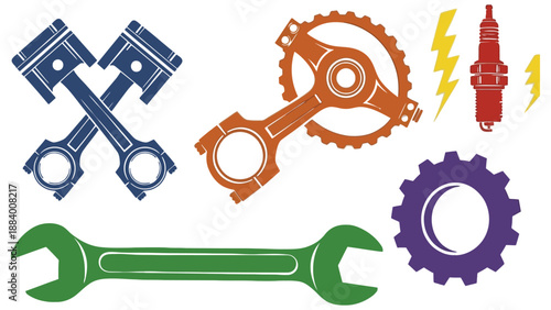 A colorful illustration of various tools and mechanical parts for repair and maintenance