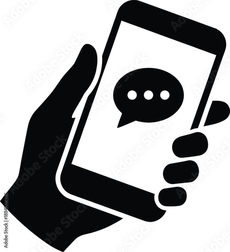 Hand holding smartphone with chat message icon representing mobile communication texting messaging technology concept vector illustration minimal black silhouette