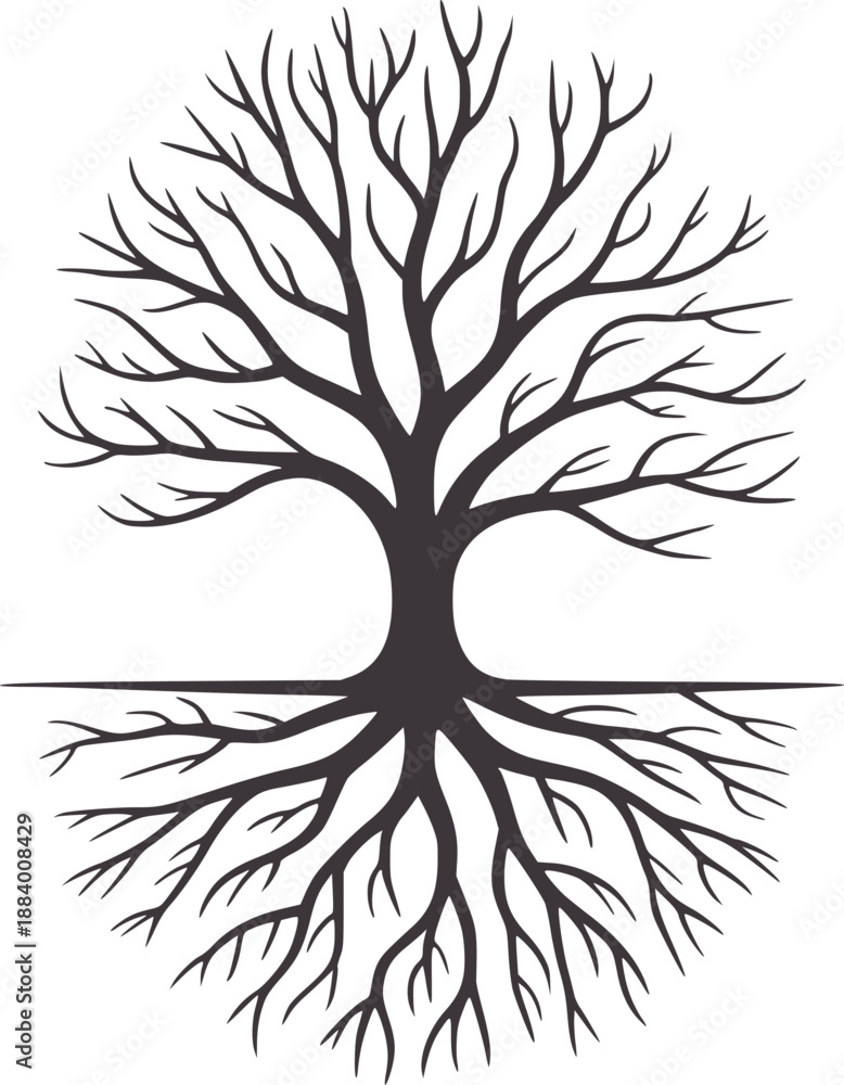Obraz premium Minimalist black and tree with visible roots and branches