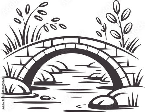 Minimalist black and stone bridge over a calm river with surrounding vegetation water