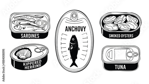 A black and white illustration of various canned seafood options