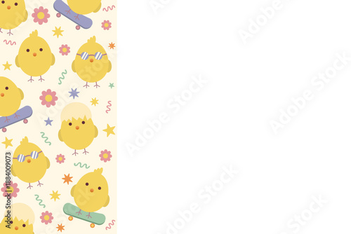 Fun Easter side border background showing skateboarding chicks and eggshells, leaving a wide copy space for your text.