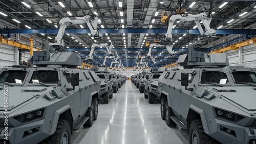 Modern assembly line with robotic arms manufacturing numerous grey armored military vehicles in a vast factory.