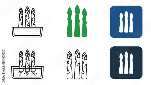 A collection of asparagus icons in various styles and colors